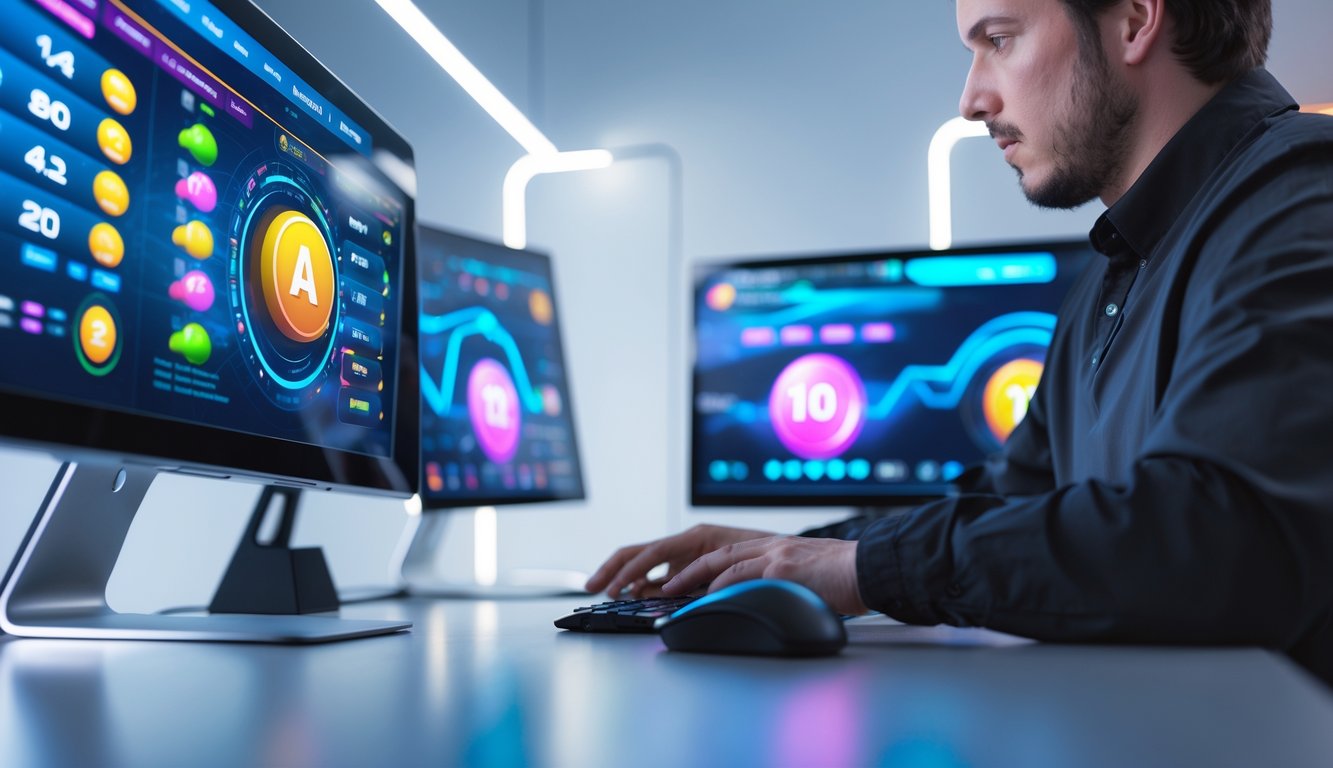 Seseorang sedang menggunakan komputer dengan layar menampilkan grafik terkait permainan lotere online.