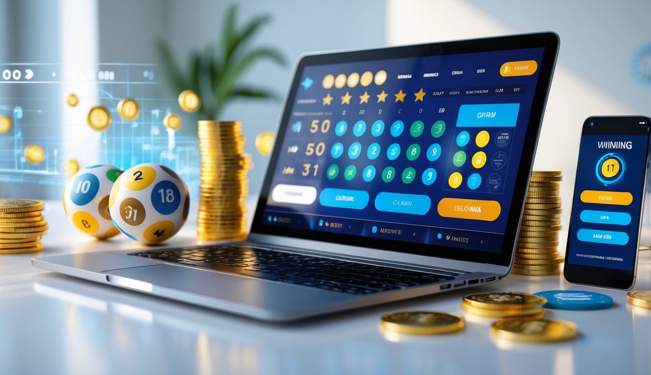 Meja kerja modern dengan laptop yang menampilkan antarmuka situs togel online, koin emas, bola togel, dan ponsel dengan notifikasi kemenangan.