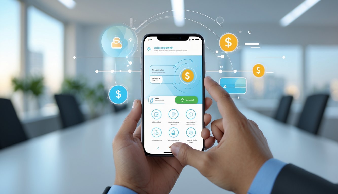 Tangan memegang ponsel dengan tampilan antarmuka pembayaran digital di latar kantor modern.