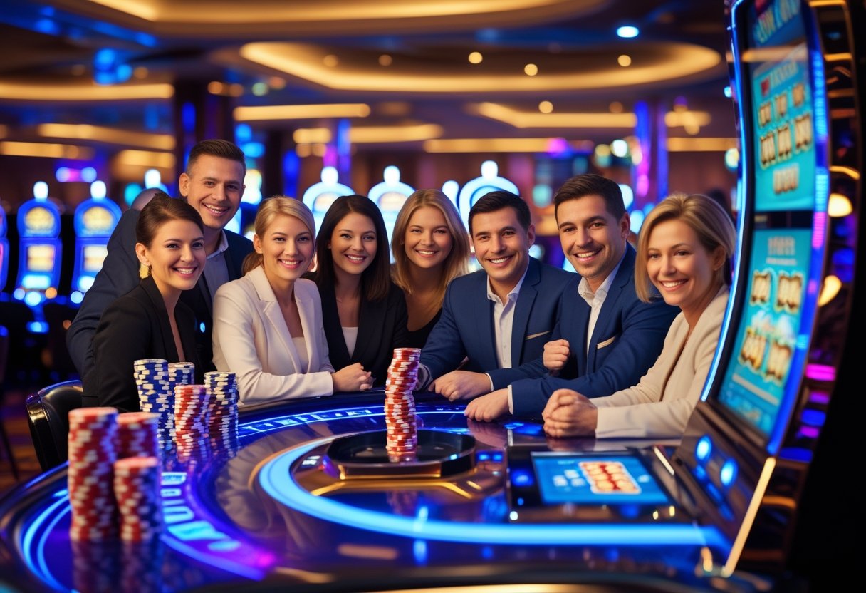 A group of happy adults gathered around slot machines in a brightly lit casino with poker chips and playing cards visible.