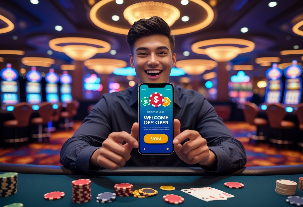 A person holding a smartphone showing a casino app with bonus icons inside a brightly lit casino with slot machines and poker tables.