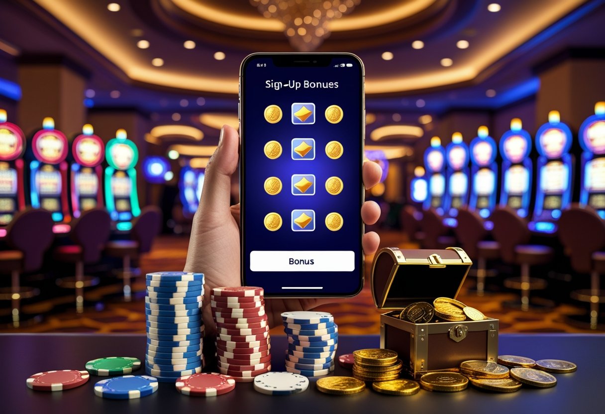 A person holding a smartphone showing a casino app with chips, cards, and coins around them in a casino setting.