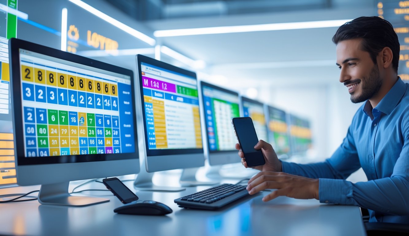 Seorang profesional sedang bekerja dengan beberapa layar komputer yang menampilkan angka lotere dan grafik, menggunakan ponsel dan keyboard di ruang kerja modern.