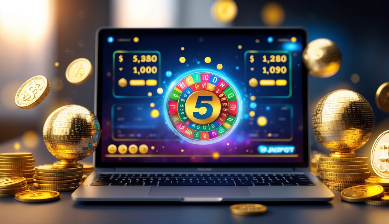 Sebuah meja dengan laptop menampilkan permainan lotere online, dikelilingi koin emas dan bola lotere.