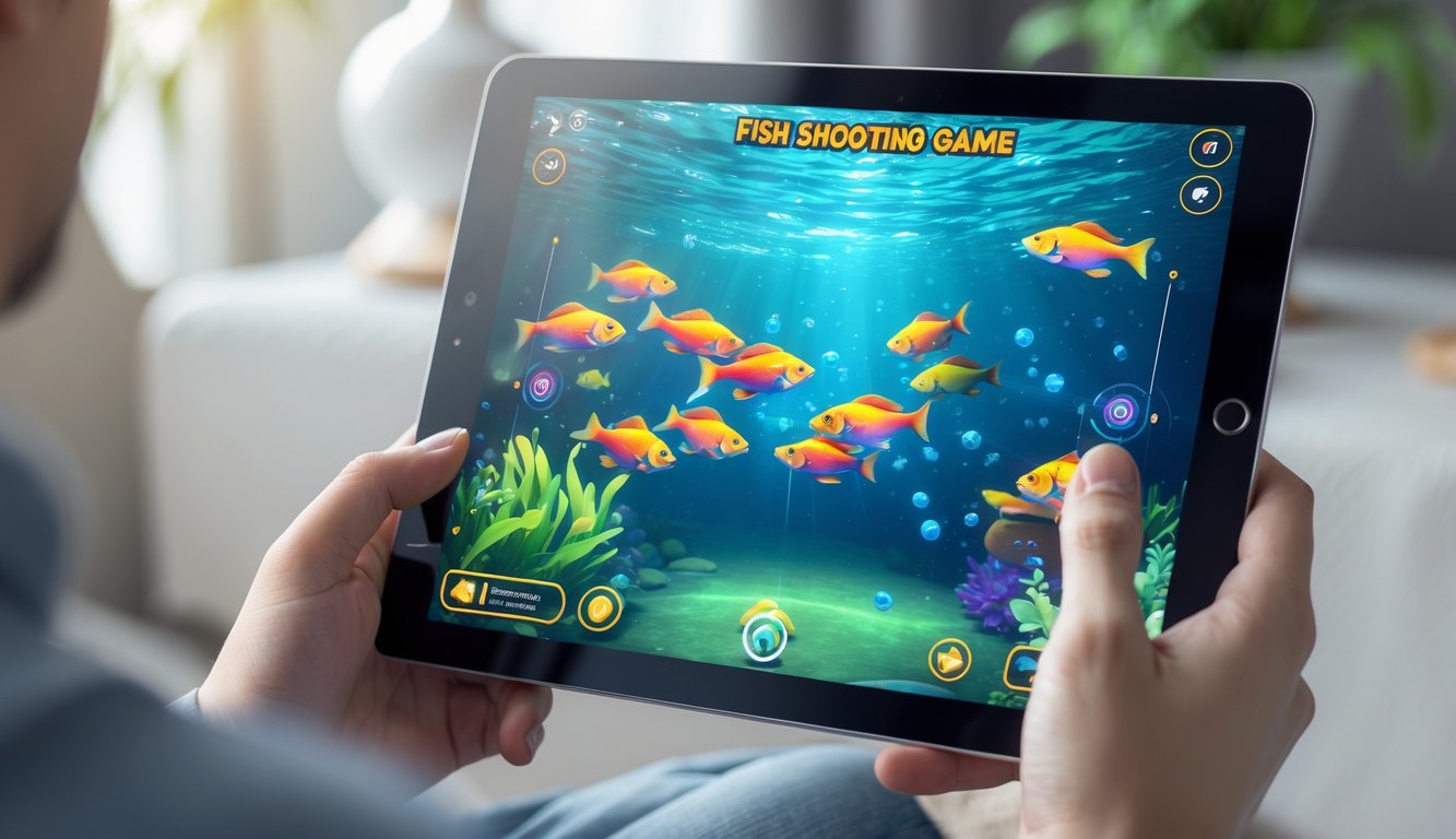 Seseorang memegang tablet yang menampilkan permainan tembak ikan dengan ikan berwarna-warni di layar.