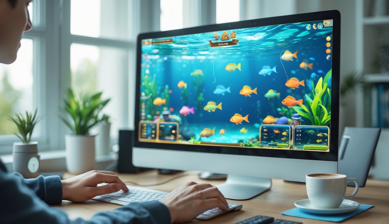 Seseorang menggunakan komputer dengan layar menampilkan permainan ikan digital berwarna-warni di ruang kerja yang rapi.