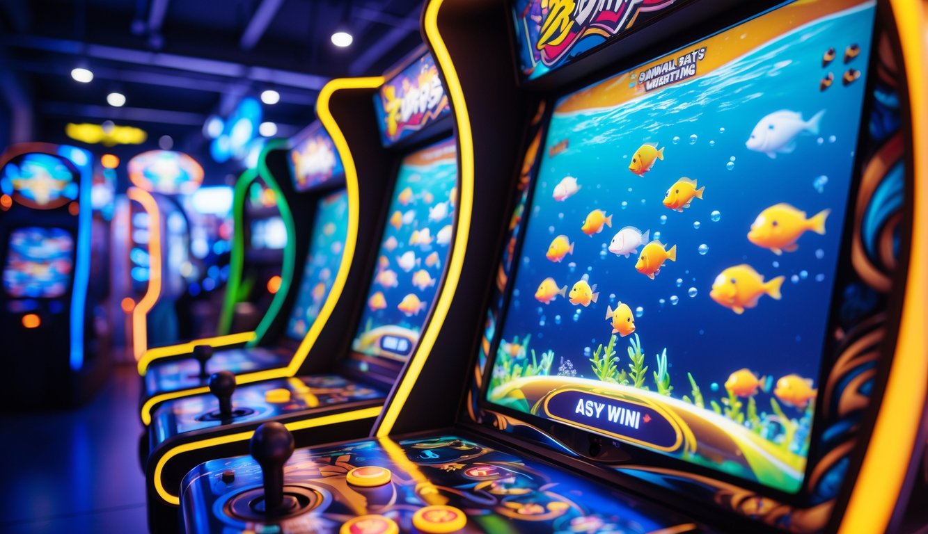 Mesin permainan tembak ikan dengan layar berwarna-warni menampilkan ikan-ikan animasi di dalam ruangan arcade permainan.