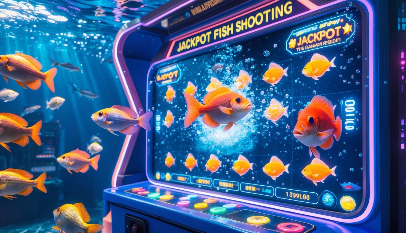 Adegan bawah laut dengan ikan berwarna-warni dan layar permainan tembak ikan jackpot besar yang menyala.