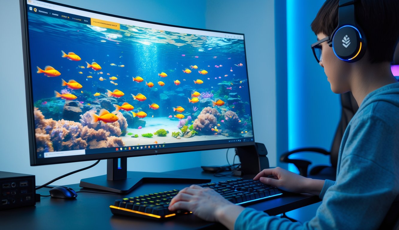 Seseorang sedang bermain game tembak ikan di komputer dengan layar menampilkan ikan-ikan berwarna-warni di bawah laut.