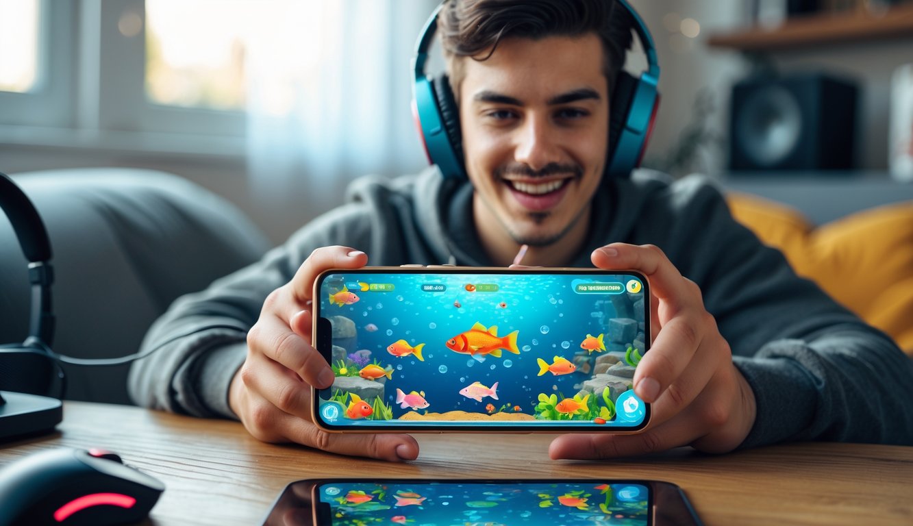 Seorang dewasa muda sedang bermain permainan tembak ikan di ponsel di dalam ruangan yang nyaman.