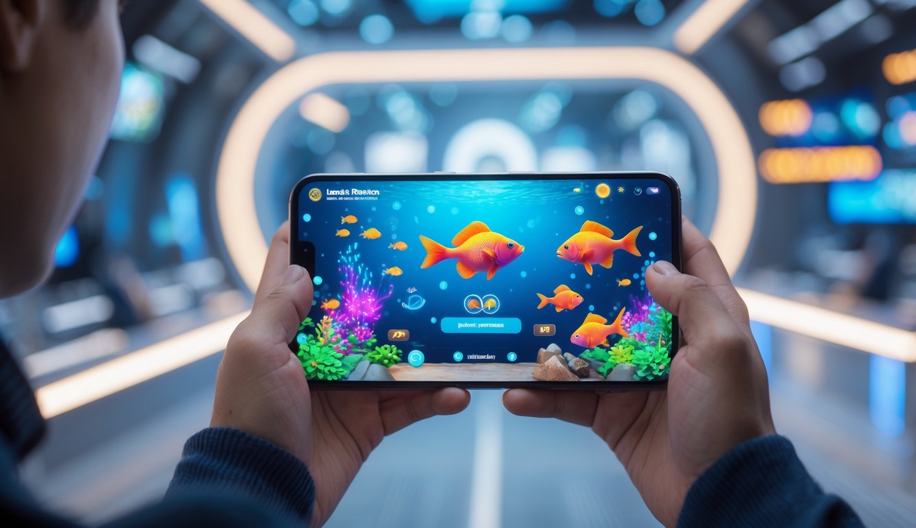 Tangan seseorang memegang ponsel yang menampilkan permainan tembak ikan dengan latar belakang suasana modern dan teknologi.