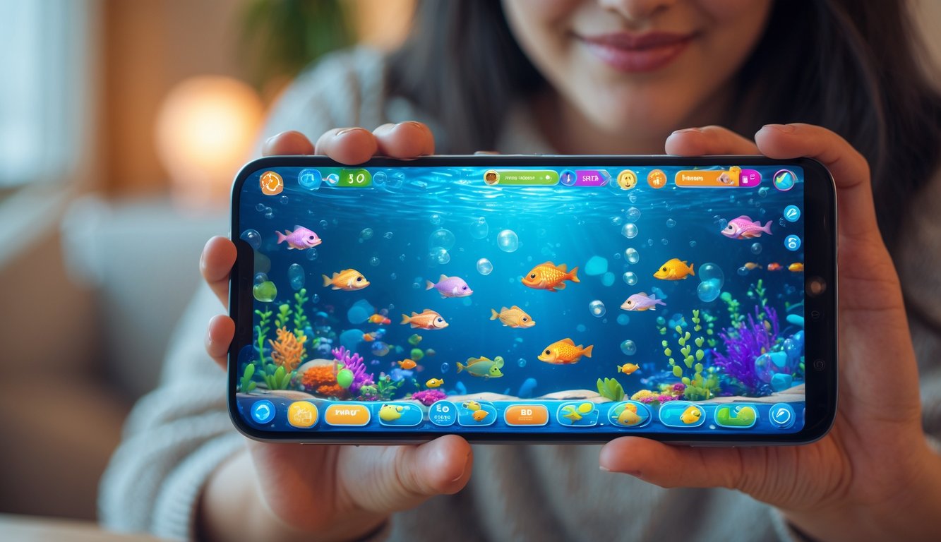 Seseorang memegang smartphone yang menampilkan permainan ikan dengan berbagai ikan berwarna-warni di layar.
