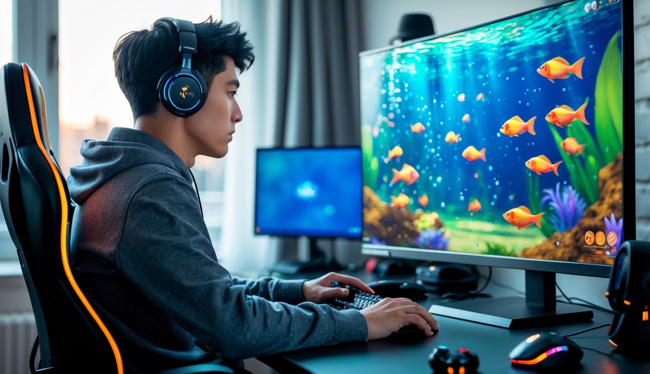 Seorang pria muda sedang bermain permainan tembak ikan online di depan komputer di sebuah ruangan yang terang.