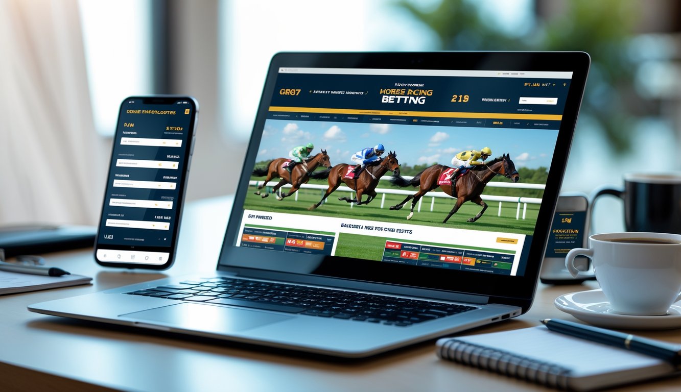 Seorang pria menggunakan laptop di meja kerja dengan tampilan situs judi balap kuda online di layar.