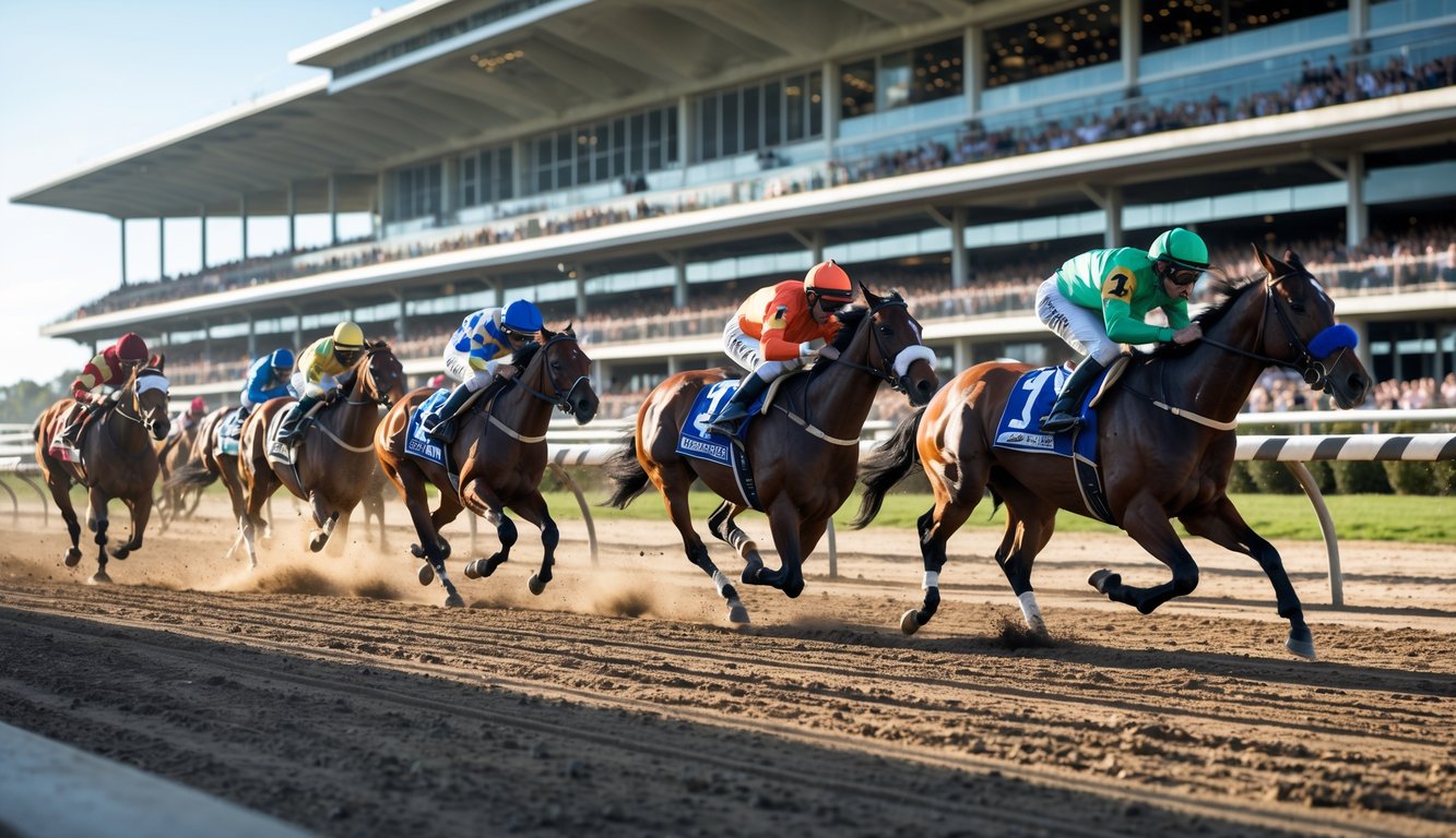 Balapan kuda dengan beberapa joki menunggangi kuda yang berlari cepat di lintasan balap dengan tribun penonton penuh di latar belakang.