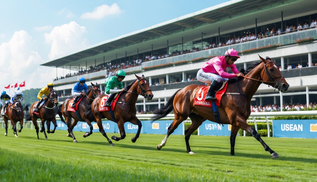 Lomba pacuan kuda resmi di Indonesia dengan joki menunggang kuda di lintasan dan penonton di tribun.