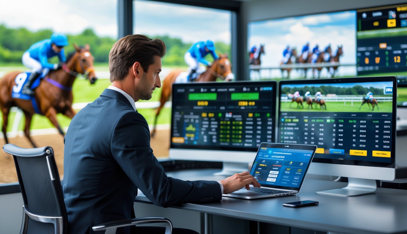 Seorang agen taruhan balap kuda online sedang bekerja di depan komputer dengan layar menampilkan data balap kuda.