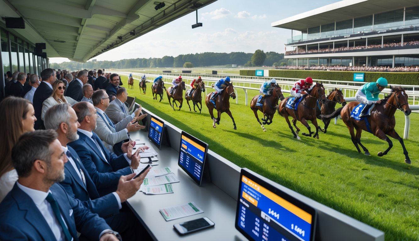 Orang-orang sedang menonton dan bertaruh pada pacuan kuda di arena balap dengan kuda dan joki yang sedang berlari di lintasan.