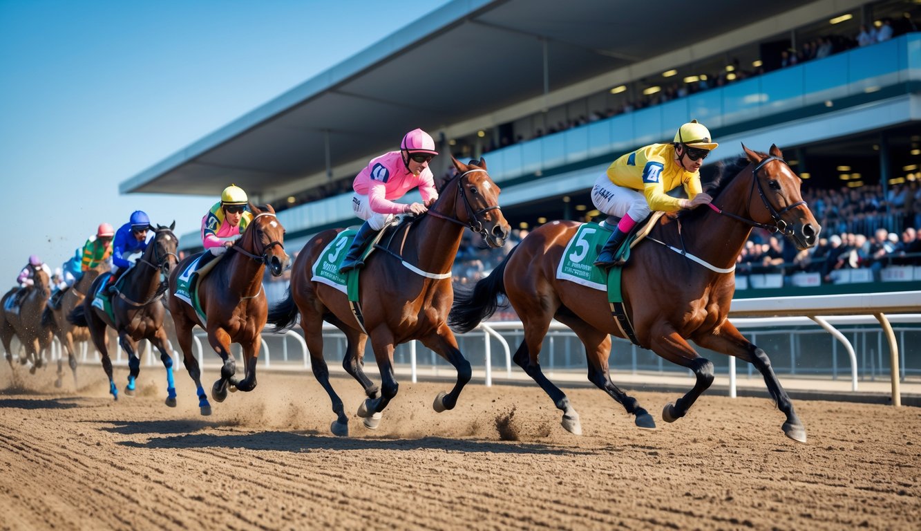 Lomba balap kuda dengan beberapa kuda dan joki sedang berlari kencang di lintasan balap dengan penonton di latar belakang.