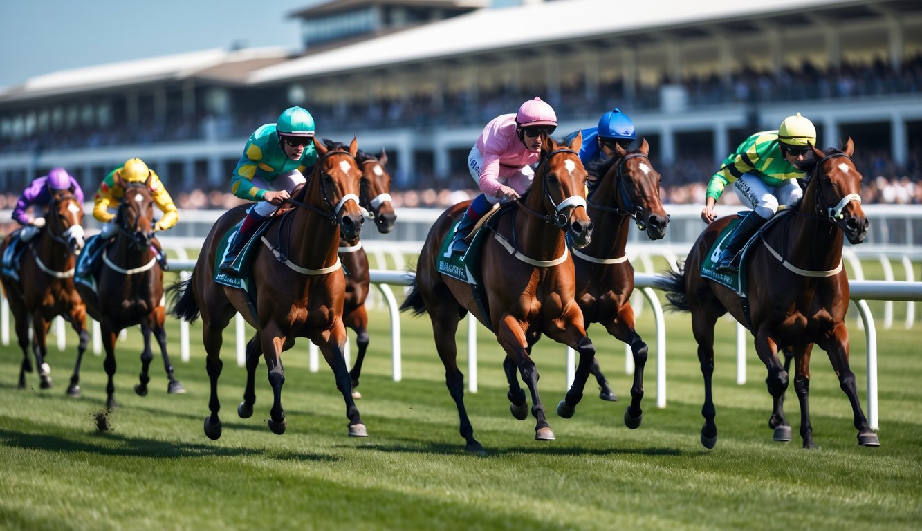 Beberapa kuda pacuan sedang berlari kencang di lintasan balap dengan joki mengenakan pakaian berwarna-warni, di latar belakang terlihat penonton dan langit biru.