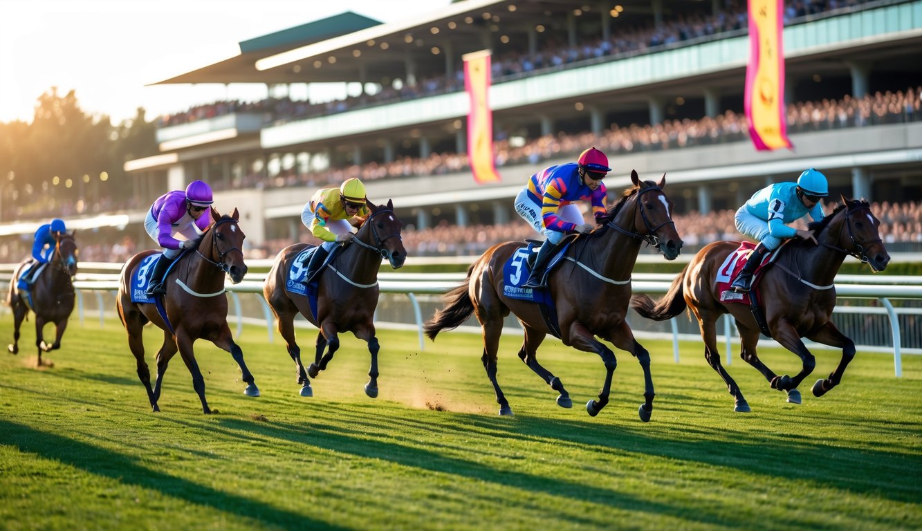 Balapan kuda dengan beberapa kuda dan joki yang sedang berlari cepat di lintasan hijau dengan tribun penonton di latar belakang.