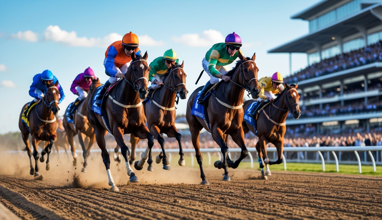 Beberapa kuda pacuan dengan joki berwarna-warni sedang berlari kencang di lintasan balap dengan penonton di tribun pada siang hari.