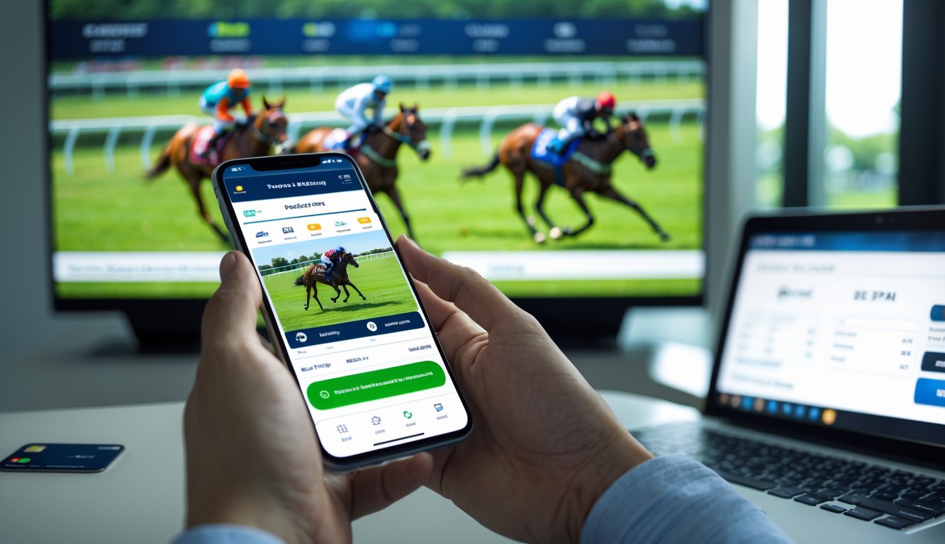 Seseorang memegang ponsel yang menampilkan aplikasi taruhan balap kuda dengan latar belakang layar besar menampilkan balapan kuda di lintasan hijau.