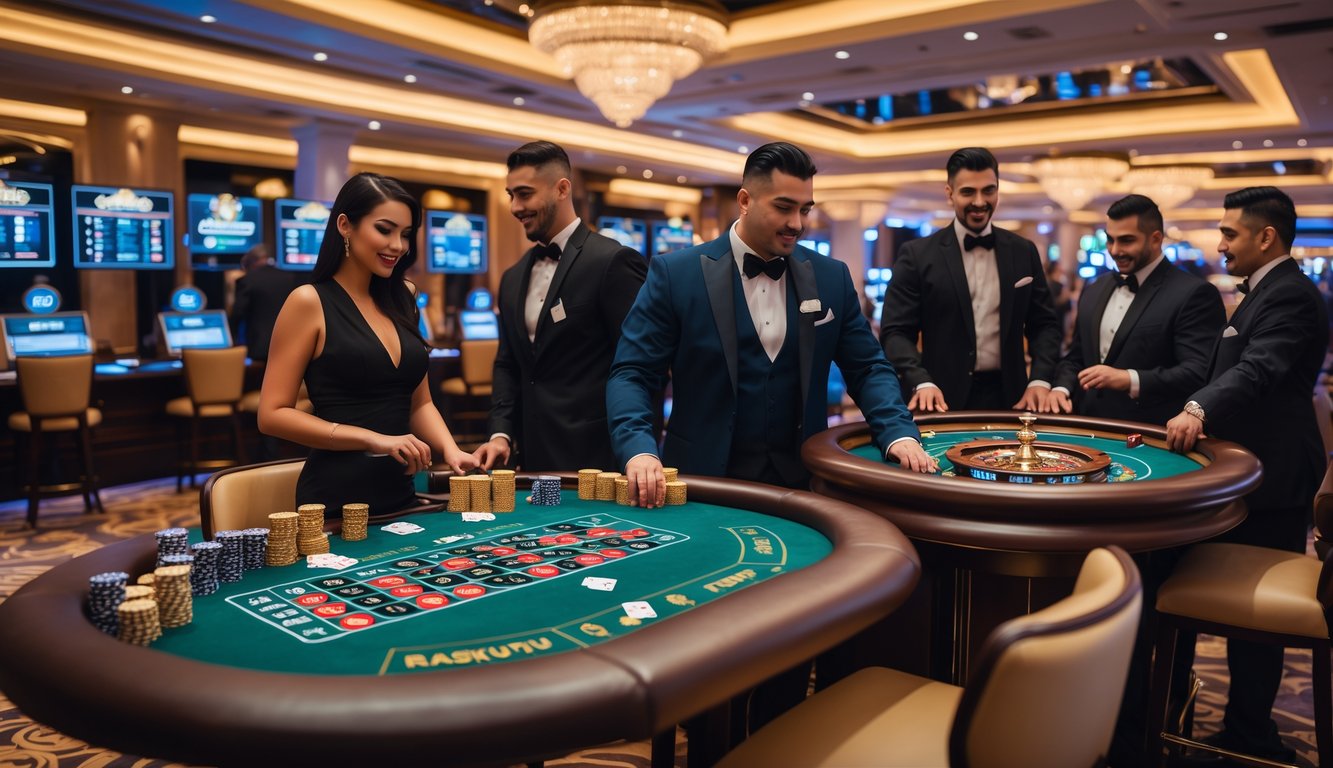 Suasana kasino langsung yang mewah dengan meja permainan, pemain dan dealer sedang bermain di lingkungan yang terang dan profesional.
