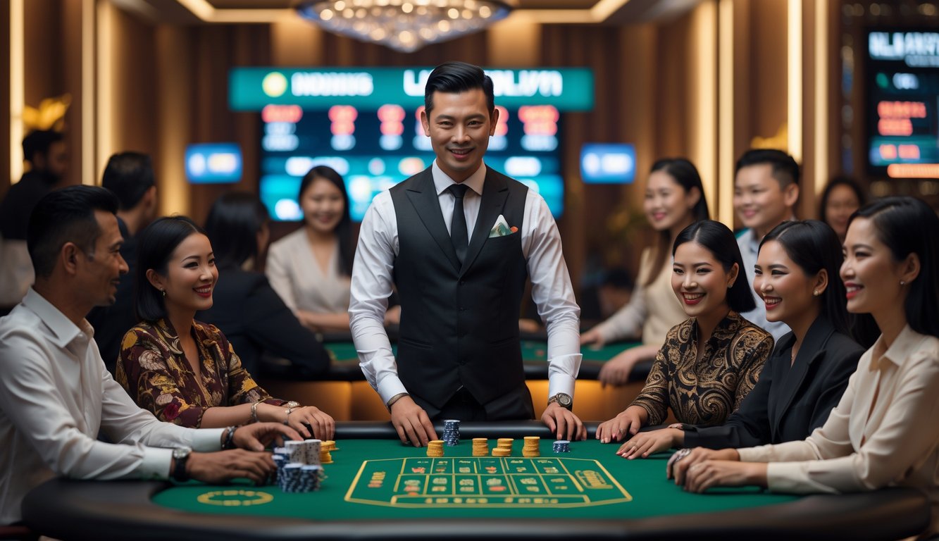 Seorang dealer dan beberapa pemain di meja kasino dengan dekorasi elegan dan pencahayaan hangat.