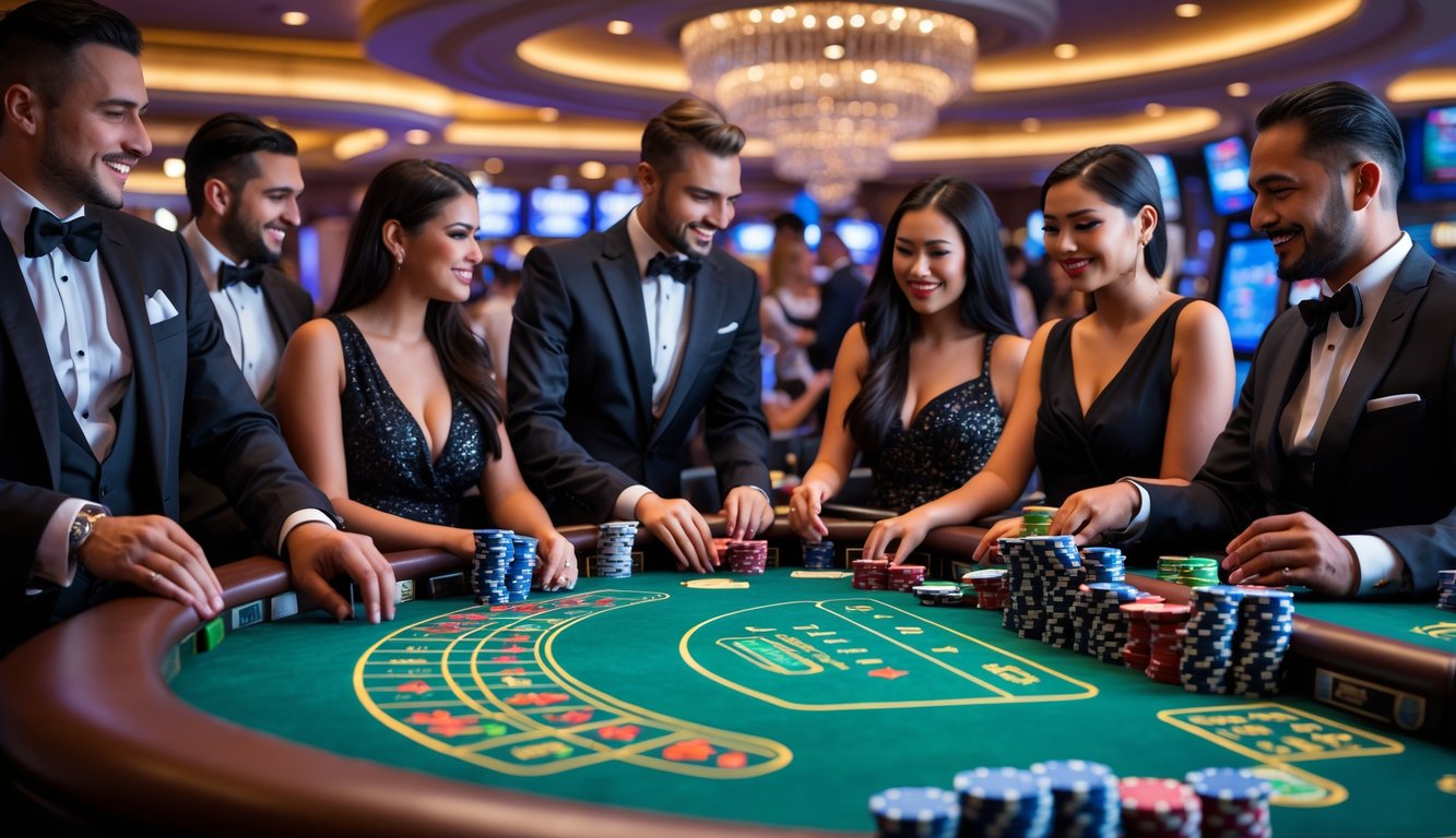 Suasana kasino langsung dengan pemain yang sedang bermain permainan kasino di meja hijau, dealer profesional, dan pencahayaan mewah.