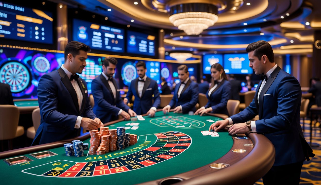Suasana kasino langsung dengan meja permainan, dealer profesional, dan pemain yang fokus bermain.