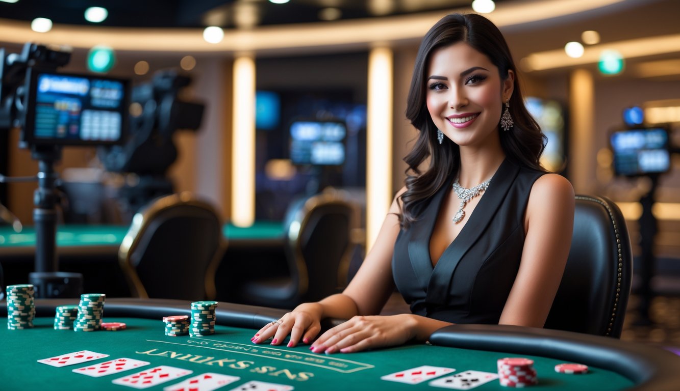 Seorang dealer kasino wanita duduk di meja poker dengan kartu dan chip, di studio kasino modern dengan pencahayaan lembut.