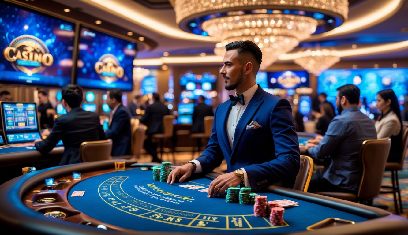Seorang dealer profesional di meja permainan kasino langsung dengan pemain yang menikmati permainan di latar belakang.