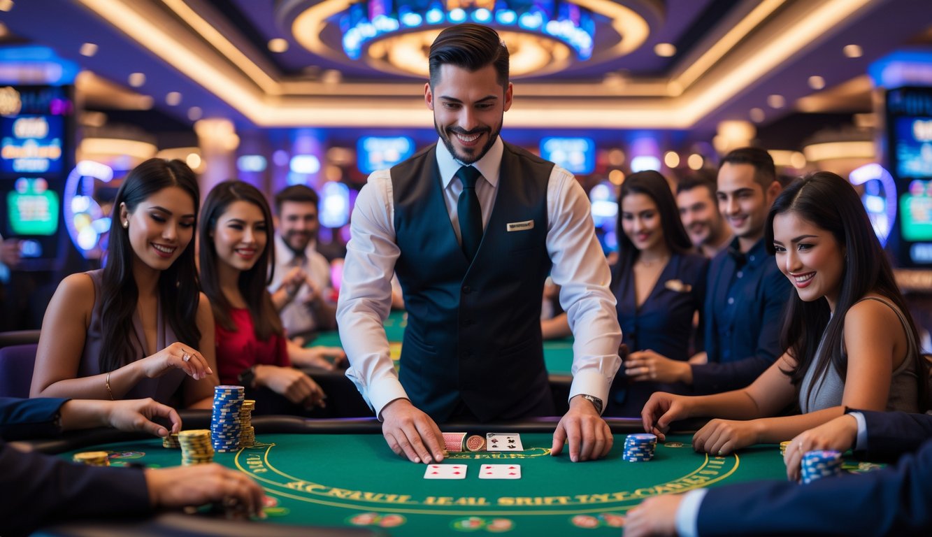 Suasana kasino langsung dengan dealer membagikan kartu dan pemain memasang taruhan menggunakan chip di meja hijau.