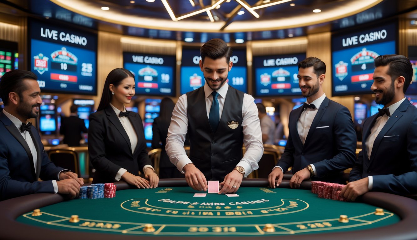 Suasana kasino langsung dengan meja permainan hijau, pemain berpakaian formal, dan dealer yang sedang membagikan kartu.