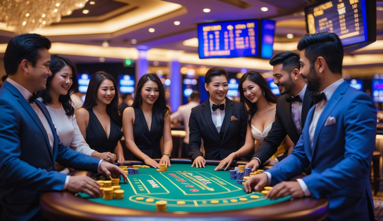 Sejumlah orang berpakaian rapi sedang bermain di meja kasino dengan dealer di latar belakang dalam suasana yang meriah dan mewah.