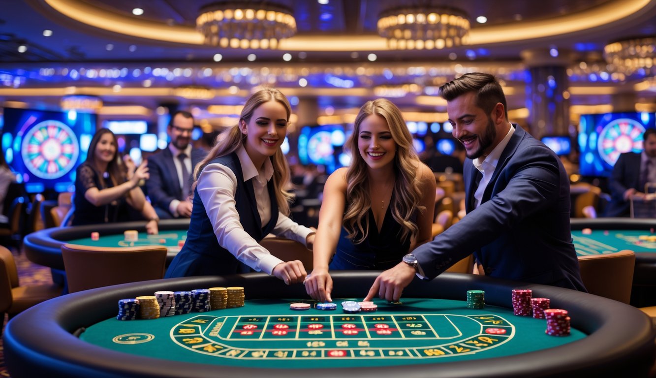 Suasana kasino langsung yang ramai dengan pemain dan dealer di meja permainan, menampilkan kegembiraan dan kemenangan.
