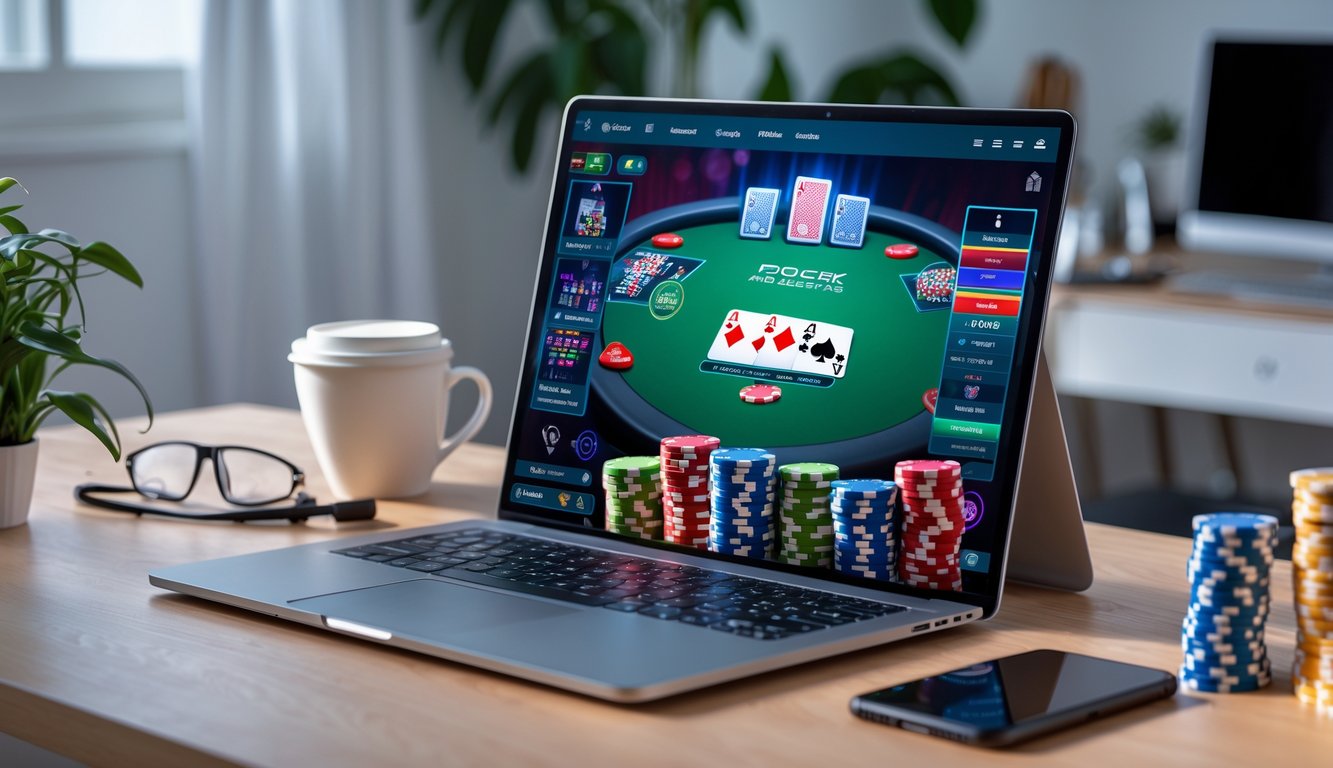 Seseorang bermain poker online menggunakan komputer di ruang tamu yang terang dengan tumpukan chip poker dan kartu di layar.