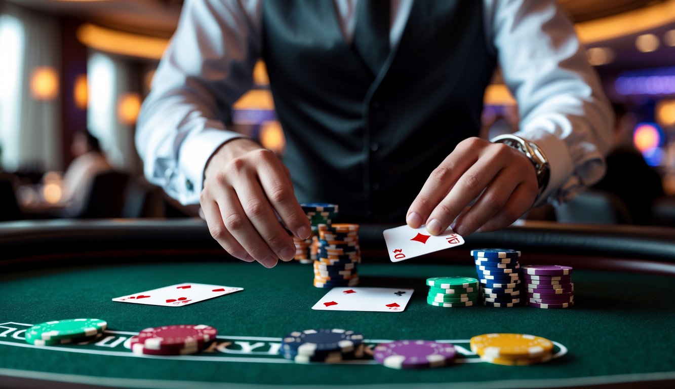 Meja poker dengan chip dan kartu yang sedang dibagikan oleh dealer di suasana kasino yang hangat dan mewah.