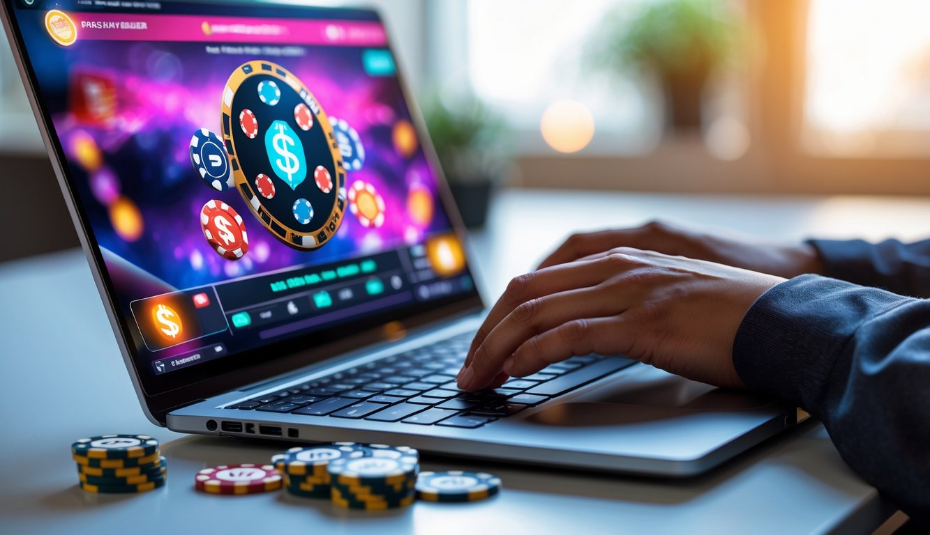 Seseorang bermain poker online menggunakan komputer dengan chip poker dan kartu di layar.