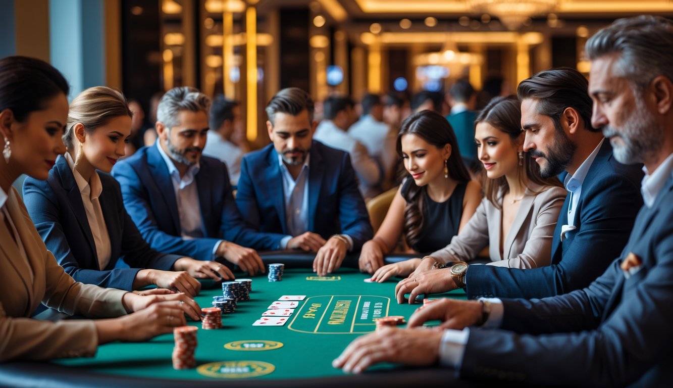 Sekelompok orang dewasa bermain poker di meja kasino dengan suasana mewah dan pencahayaan hangat.