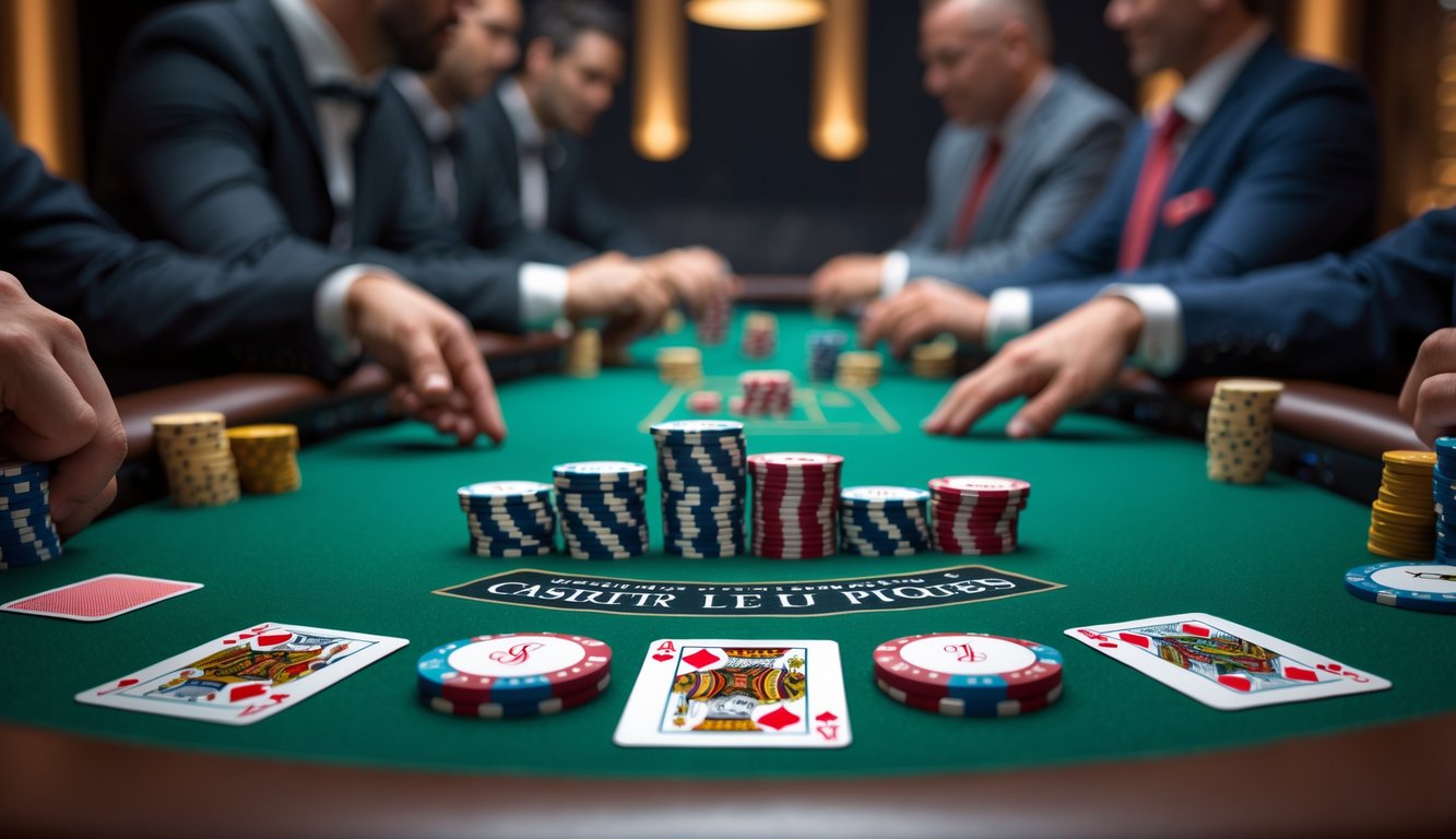 Meja poker modern dengan chip dan kartu yang tertata rapi di kasino mewah, dengan pemain berpakaian rapi di latar belakang.