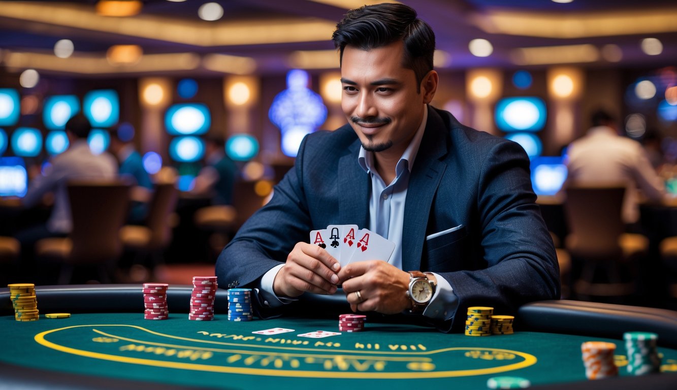 Seorang pria duduk di meja poker dengan kartu dan chip, tampak fokus dan percaya diri dalam suasana kasino.