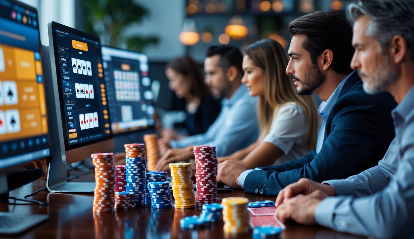 Beberapa orang dewasa sedang bermain poker online di sebuah ruang kerja dengan komputer dan tumpukan chip poker di atas meja.