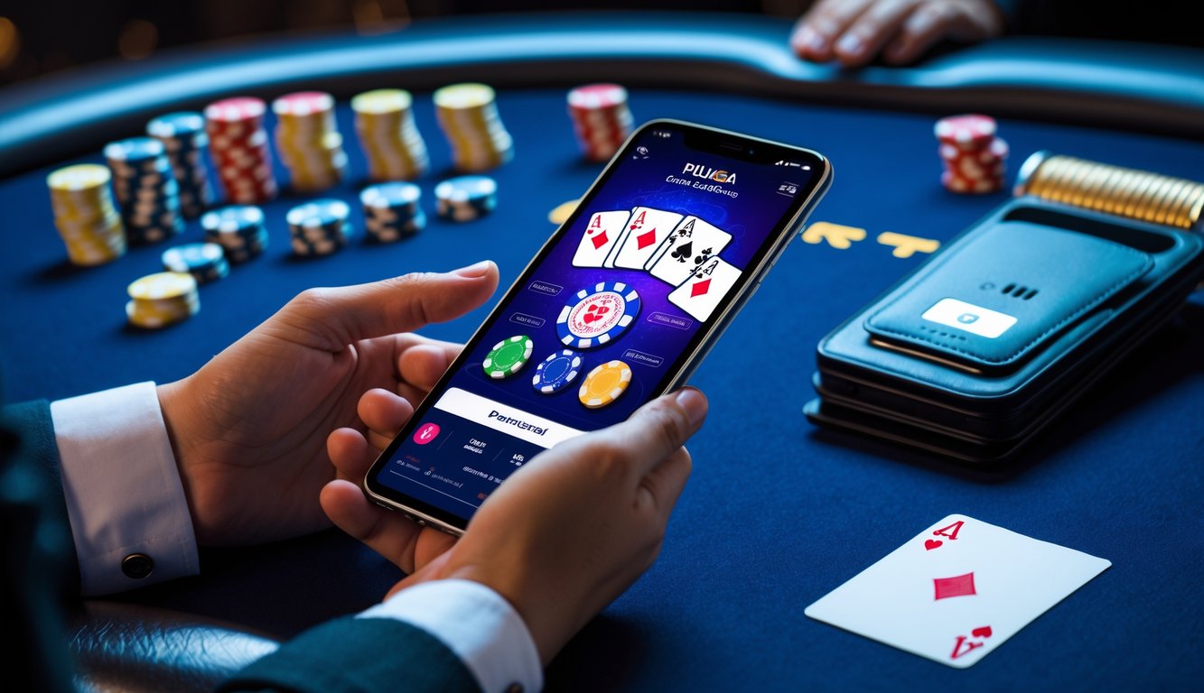 Tangan seseorang memegang ponsel dengan aplikasi poker terbuka dan transaksi deposit pulsa sedang berlangsung di meja poker dengan chip dan kartu bermain.