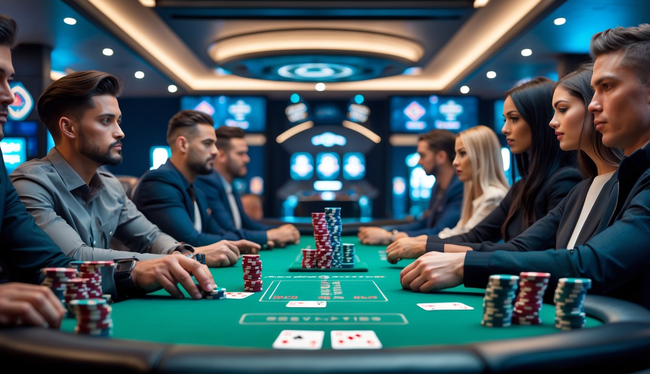 Suasana permainan poker dengan beberapa pemain fokus di sekitar meja hijau, tumpukan chip dan kartu di atas meja, di dalam ruangan kasino modern.