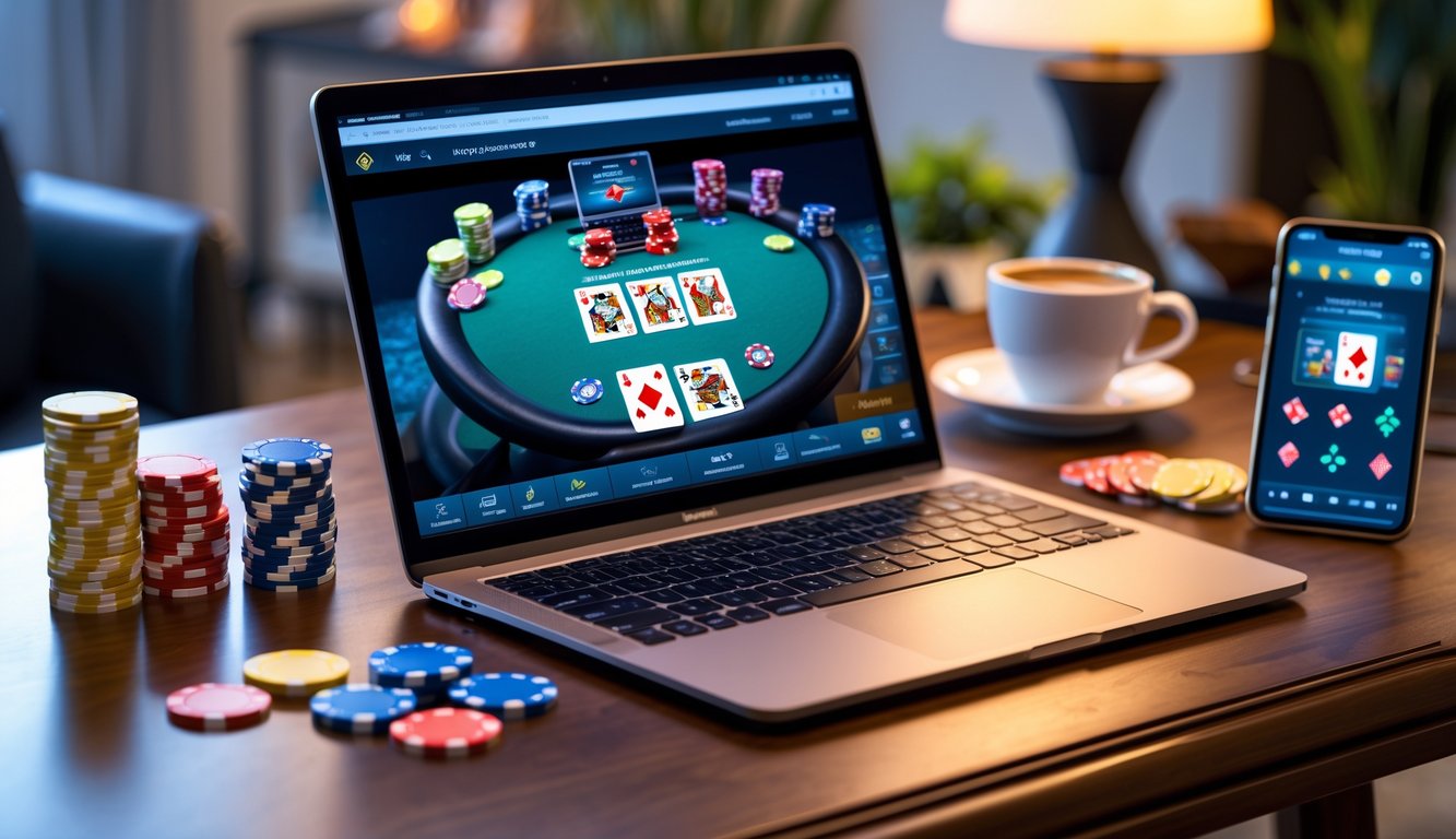 Seorang pria menggunakan laptop dengan permainan poker online di layar, dikelilingi chip poker dan ponsel di meja kayu di ruang kerja modern.