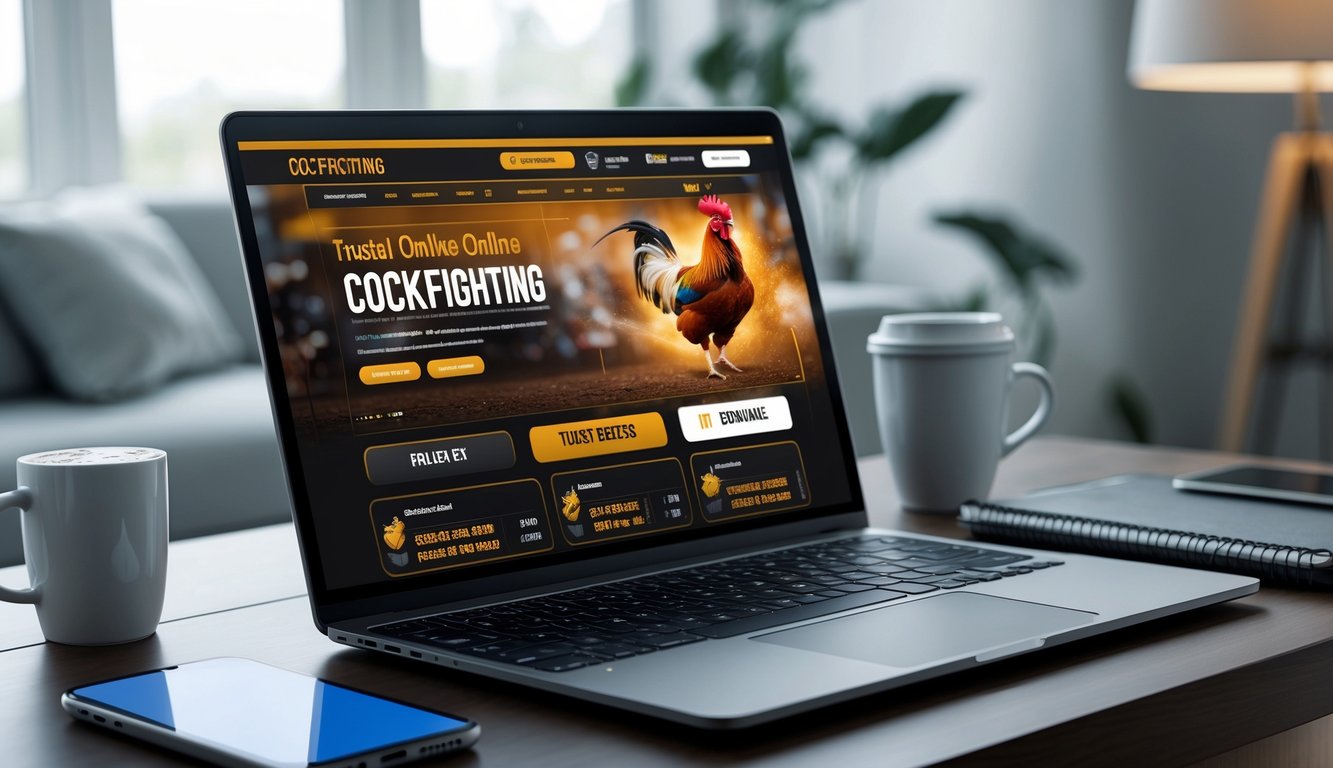 Seseorang menggunakan laptop di meja kerja dengan tampilan situs judi sabung ayam online yang terpercaya.