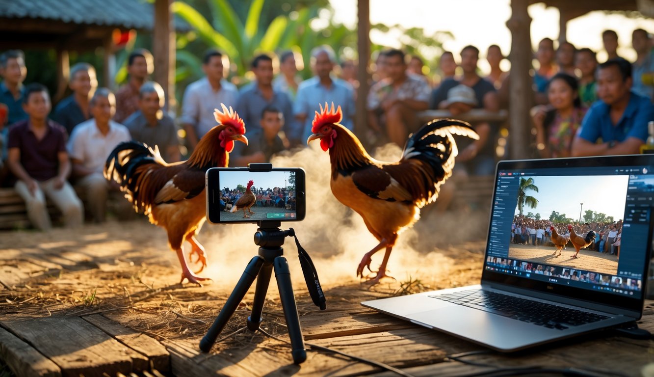 Dua ayam bertarung di arena kayu dengan penonton yang antusias, sebuah kamera merekam dan menyiarkan pertarungan secara langsung.