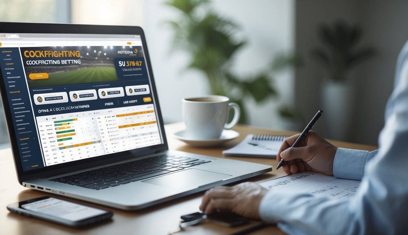 Sebuah meja kerja dengan laptop yang menampilkan situs web resmi agen sabung ayam online, dilengkapi dengan kopi, ponsel, dan catatan.